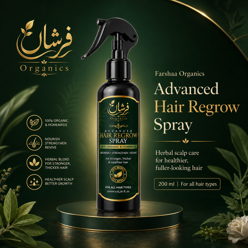 Farshaa Organics Advanced Hair Regrow Spray 200ml premium herbal scalp care bottle