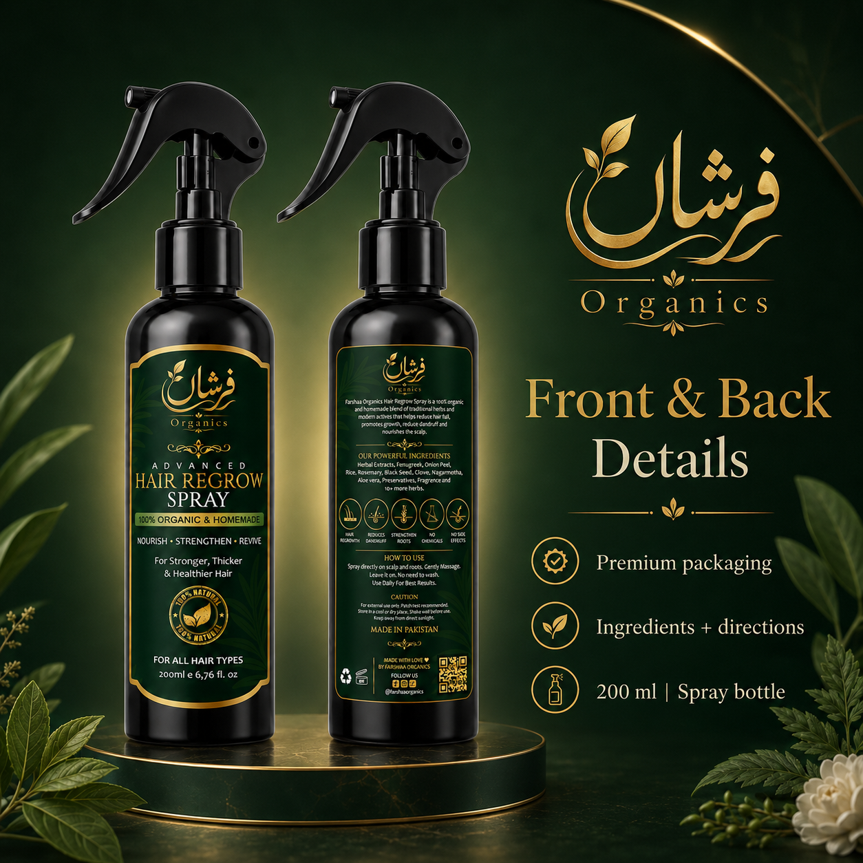 Farshaa Organics Hair Regrow Spray front and back label details