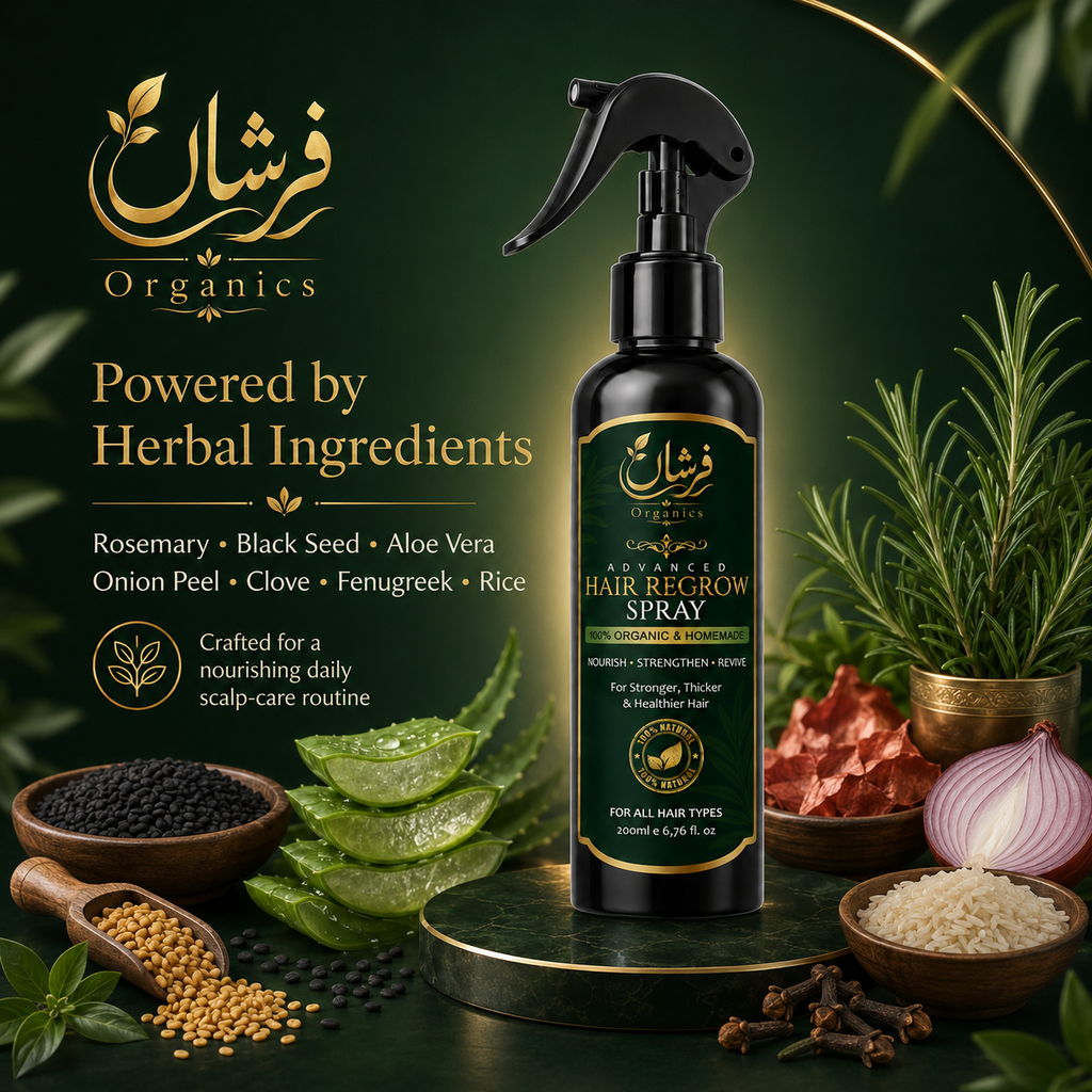 Farshaa Organics Hair Regrow Spray with herbal ingredients rosemary aloe vera black seed onion peel clove fenugreek and rice
