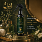 Farshaa Organics hair regrowth spray bottle on a decorative background with plants and flowers.