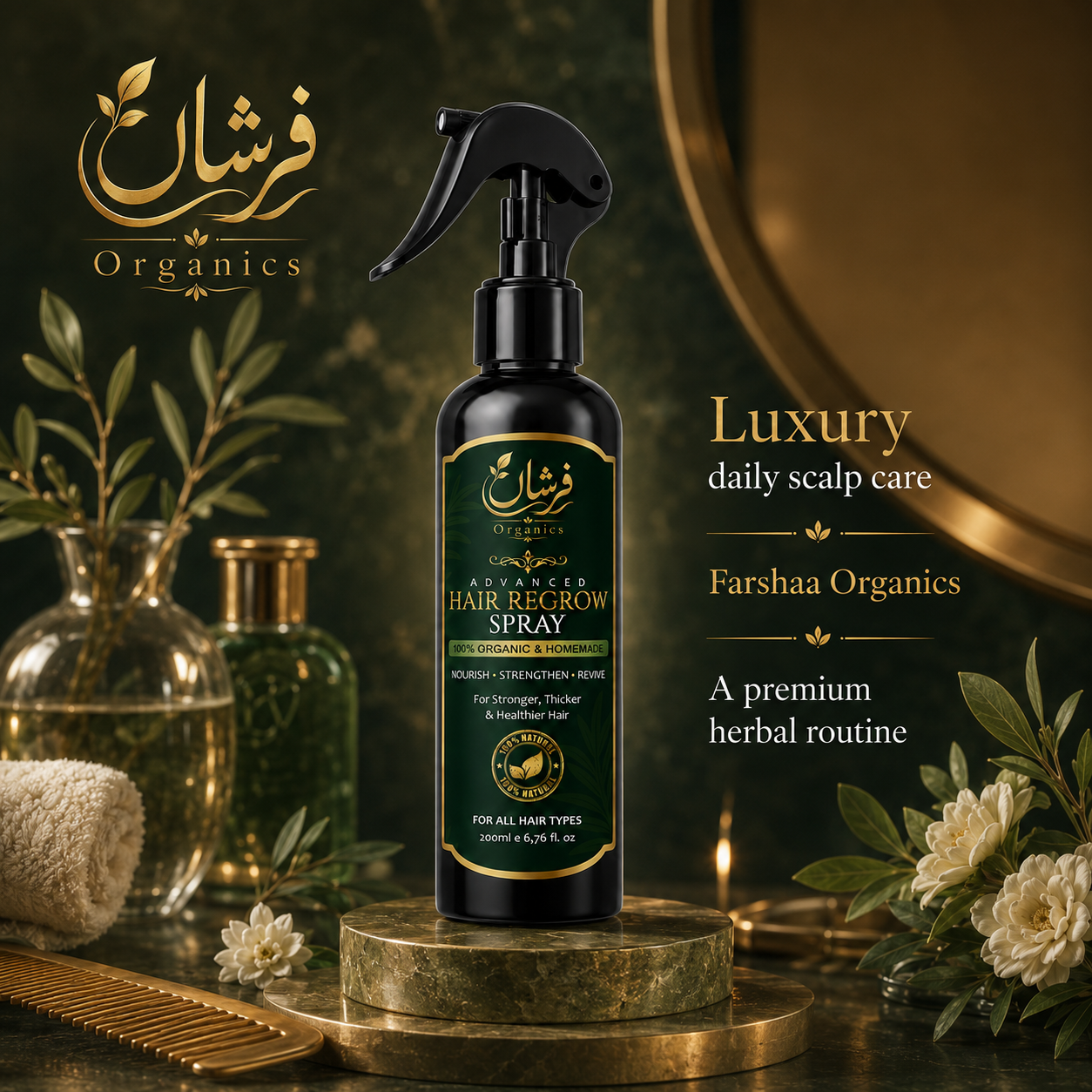 Farshaa Organics hair regrowth spray bottle on a decorative background with plants and flowers.