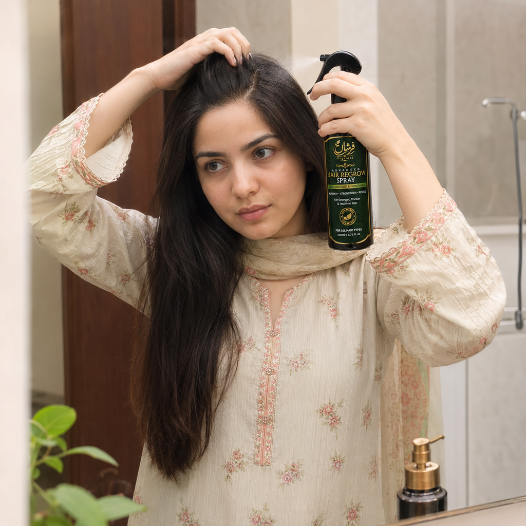 Pakistani woman applying Farshaa Organics Hair Regrow Spray to scalp roots