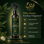Hair regrowth spray bottle with Farshaa Organics branding on a dark green background.
