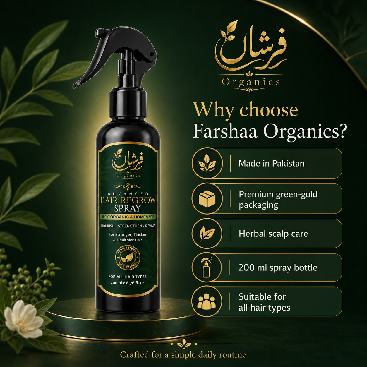 Hair regrowth spray bottle with Farshaa Organics branding on a dark green background.